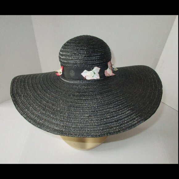 Vintage 1970's Black Wide Brim Straw Cartwheel Hat w/Flowers Made In Italy - Picture 6 of 8